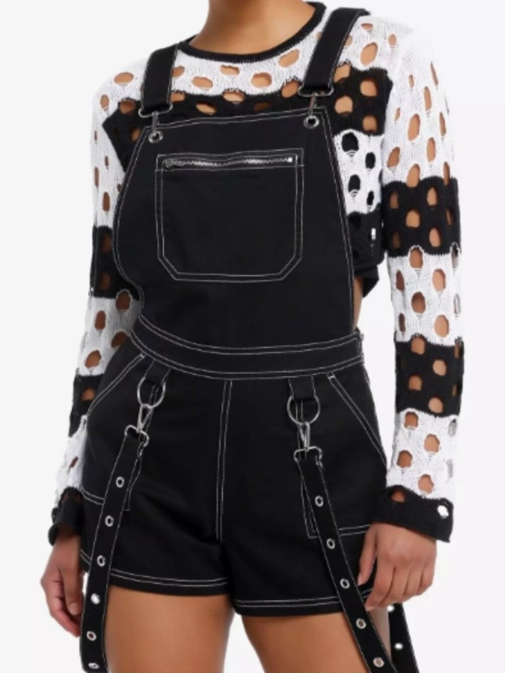 Hot Topic Black & White Contrast Stitch Suspender Shortalls Overalls